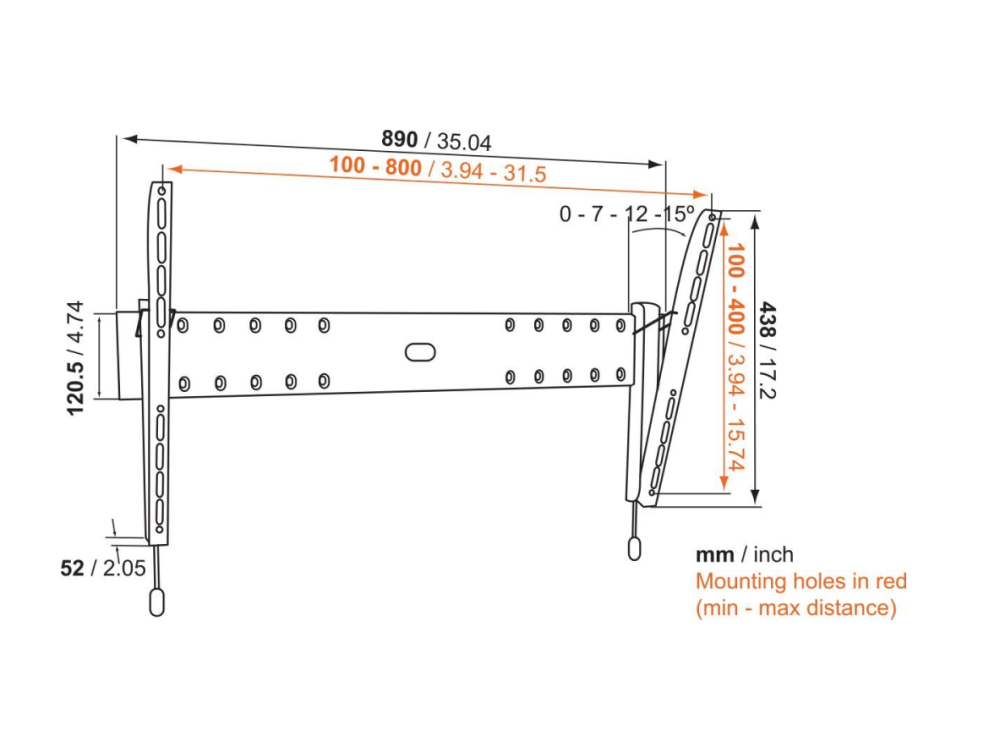 Diagrama del soporte de pared de TV con medidas en mm/pulgadas.
