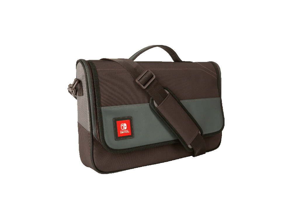 Bolso Switch marrón y gris con logo rojo Switch sobre blanco.