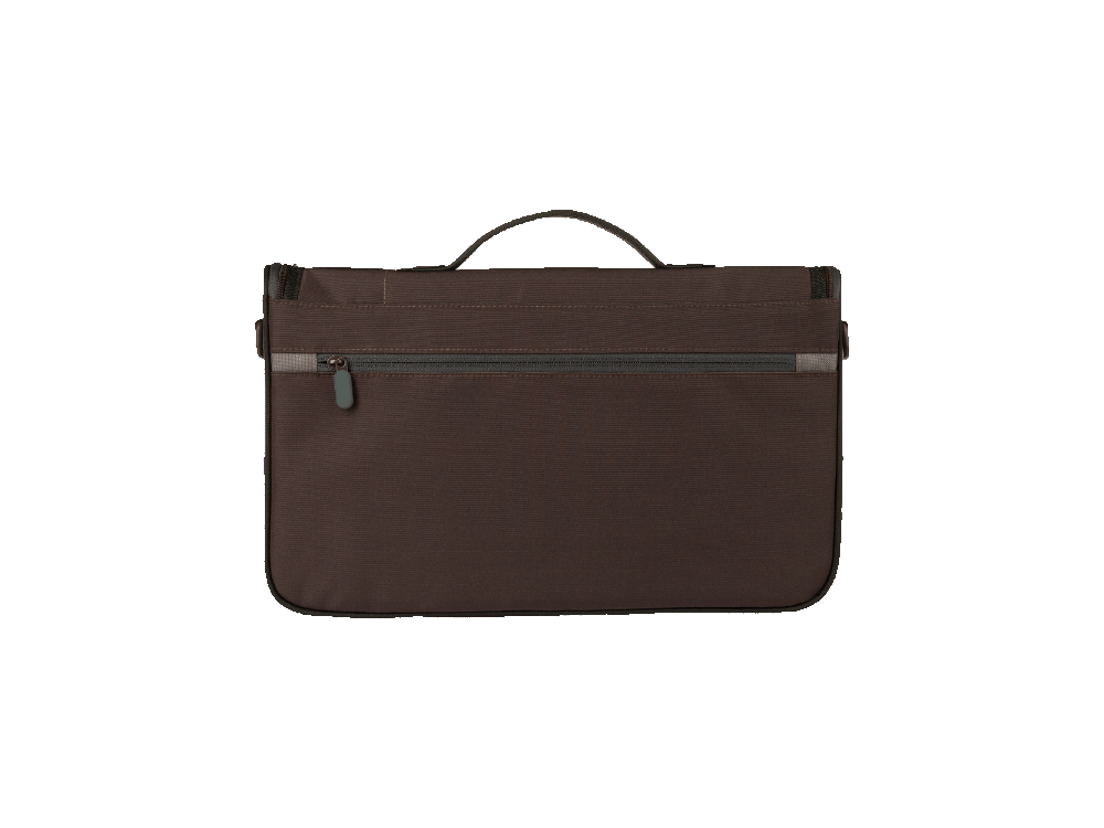 Bolso maletín marrón con asa y cremallera. El fondo es blanco.