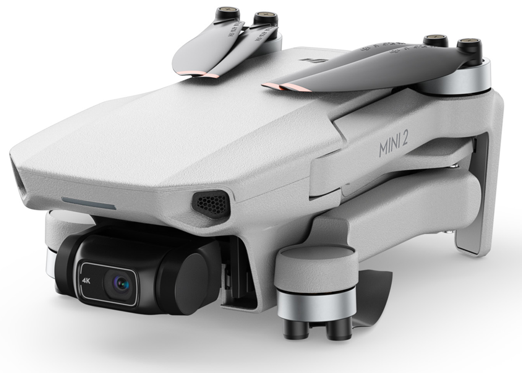 Een witte drone, met vier propellers, op een witte achtergrond. Het heeft een camera.