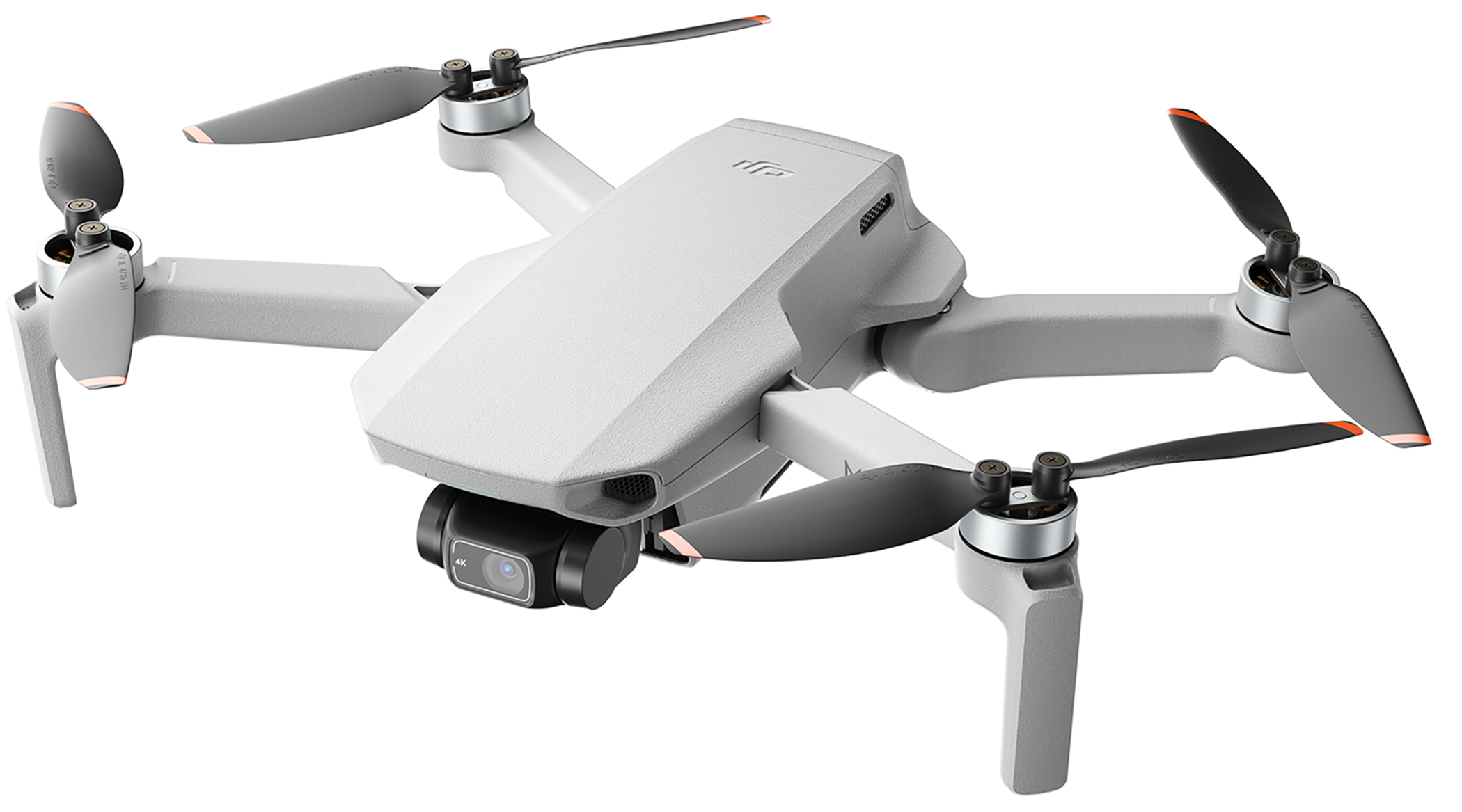 Een witte en grijze drone met vier propellers, vooraanzicht.