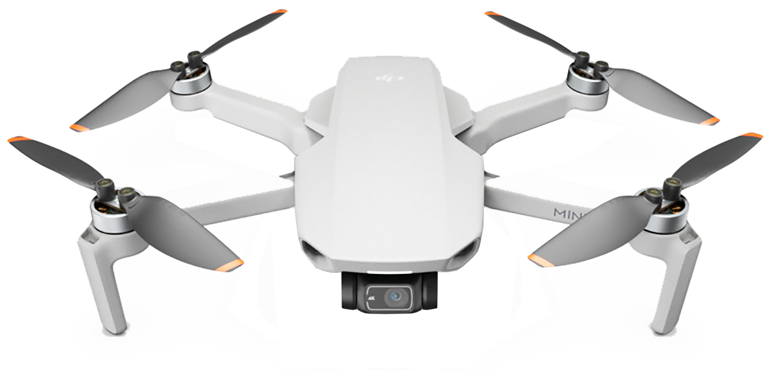 Witte DJI Mini 2 drone, vier propellers, camera en landingsgestel, tegen een witte achtergrond.