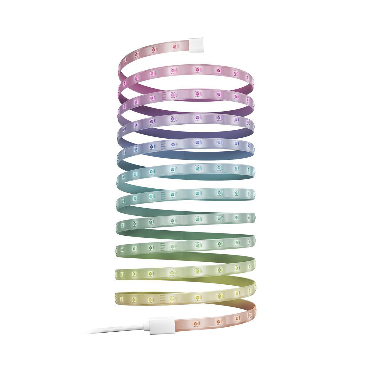 LED-Lichtband aufgerollt. Verschiedene Farben sichtbar. Weißes Netzkabel kommt heraus.