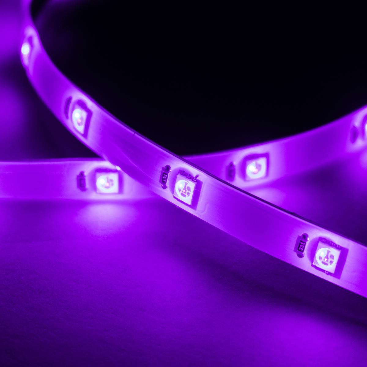 Nahaufnahme eines violetten LED-Streifens. Er ist beleuchtet und gekrümmt, mit kleinen weißen Lichtern.