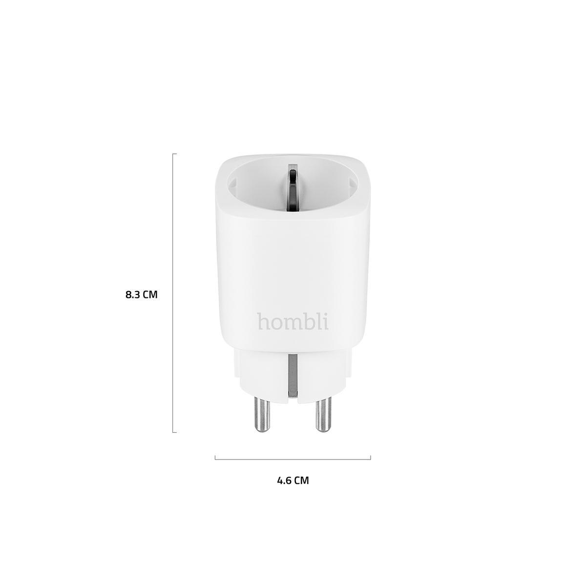 Ein weißer Homblie-Netzadapter mit zwei Stiften, Abmessungen 8,3 cm x 4,6 cm, vor weißem Hintergrund.