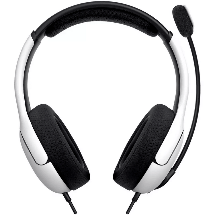 Auriculares gaming blancos con almohadillas negras y micrófono.