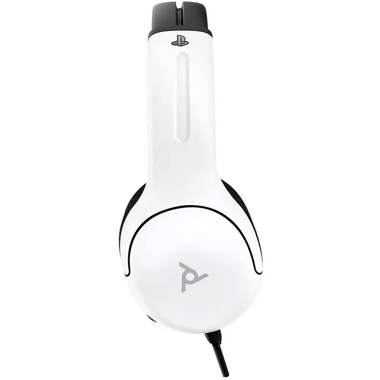 Auriculares PlayStation blancos con cable negro y logotipo en la orejera, sobre fondo blanco.
