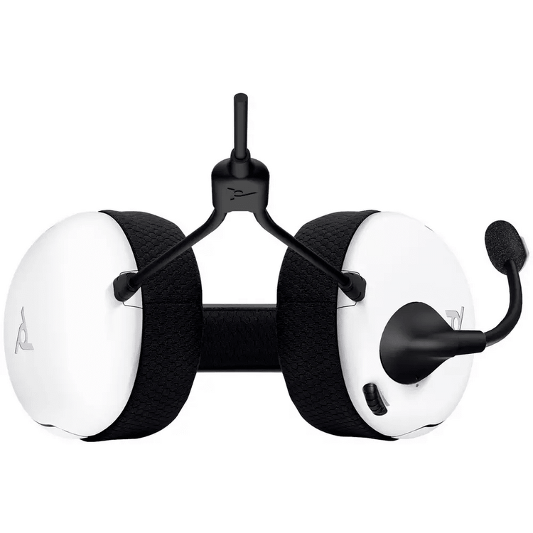 Auriculares gaming blancos con micrófono, acolchado y detalles negros, fondo blanco.