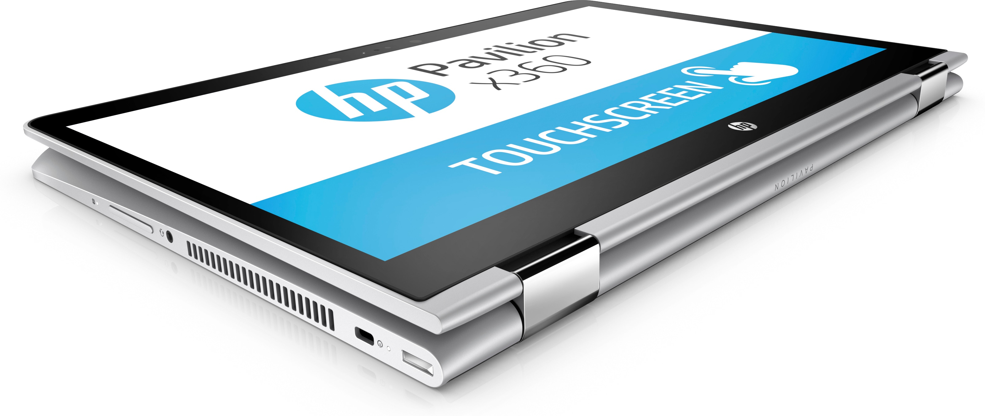HP Pavilion x360 Convertible-Laptop in Silber, geschlossen auf weißem Hintergrund.