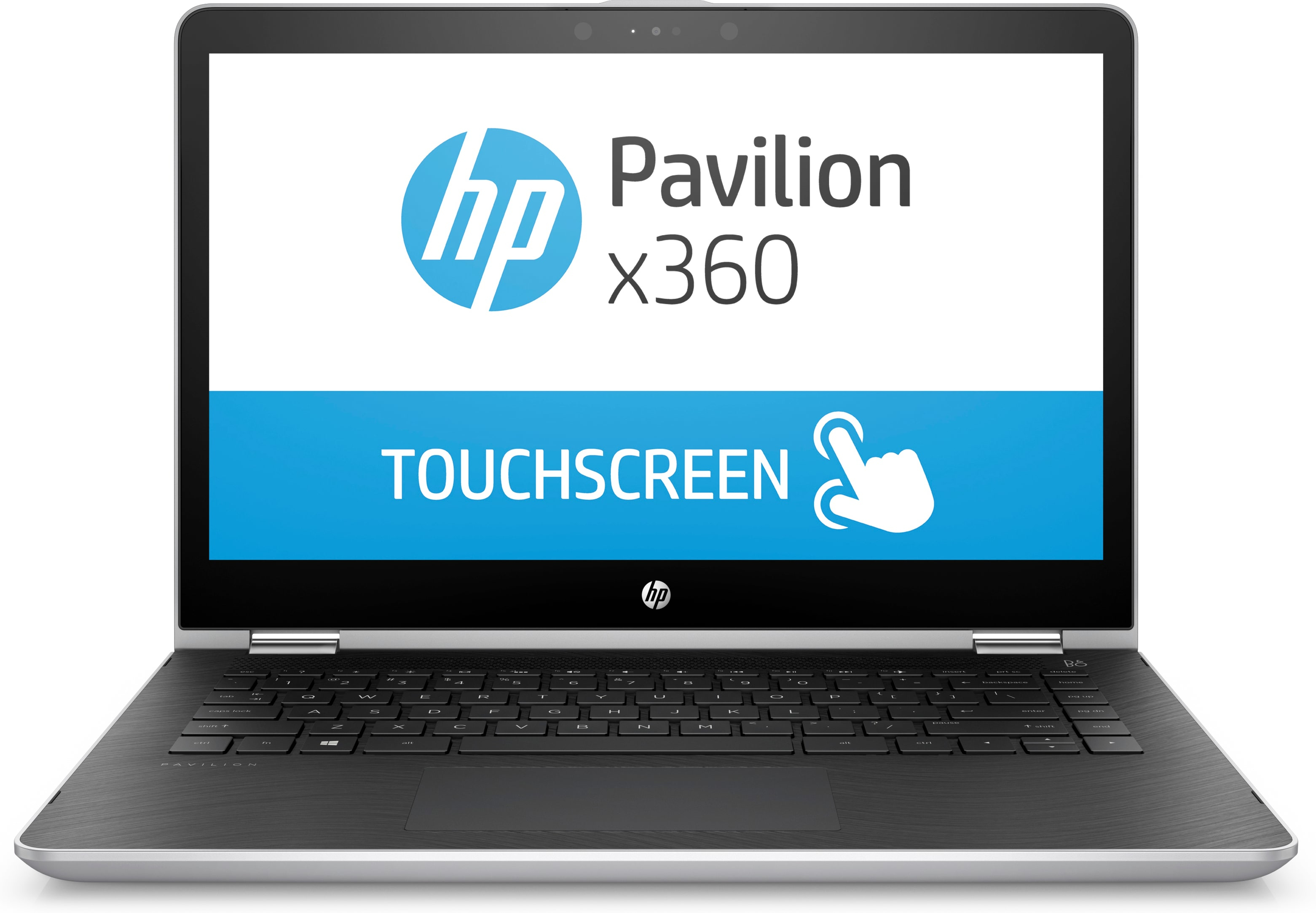 Ein offener HP Pavilion x360 Laptop mit einem Touchscreen-Symbol auf dem Display und schwarzer Tastatur.