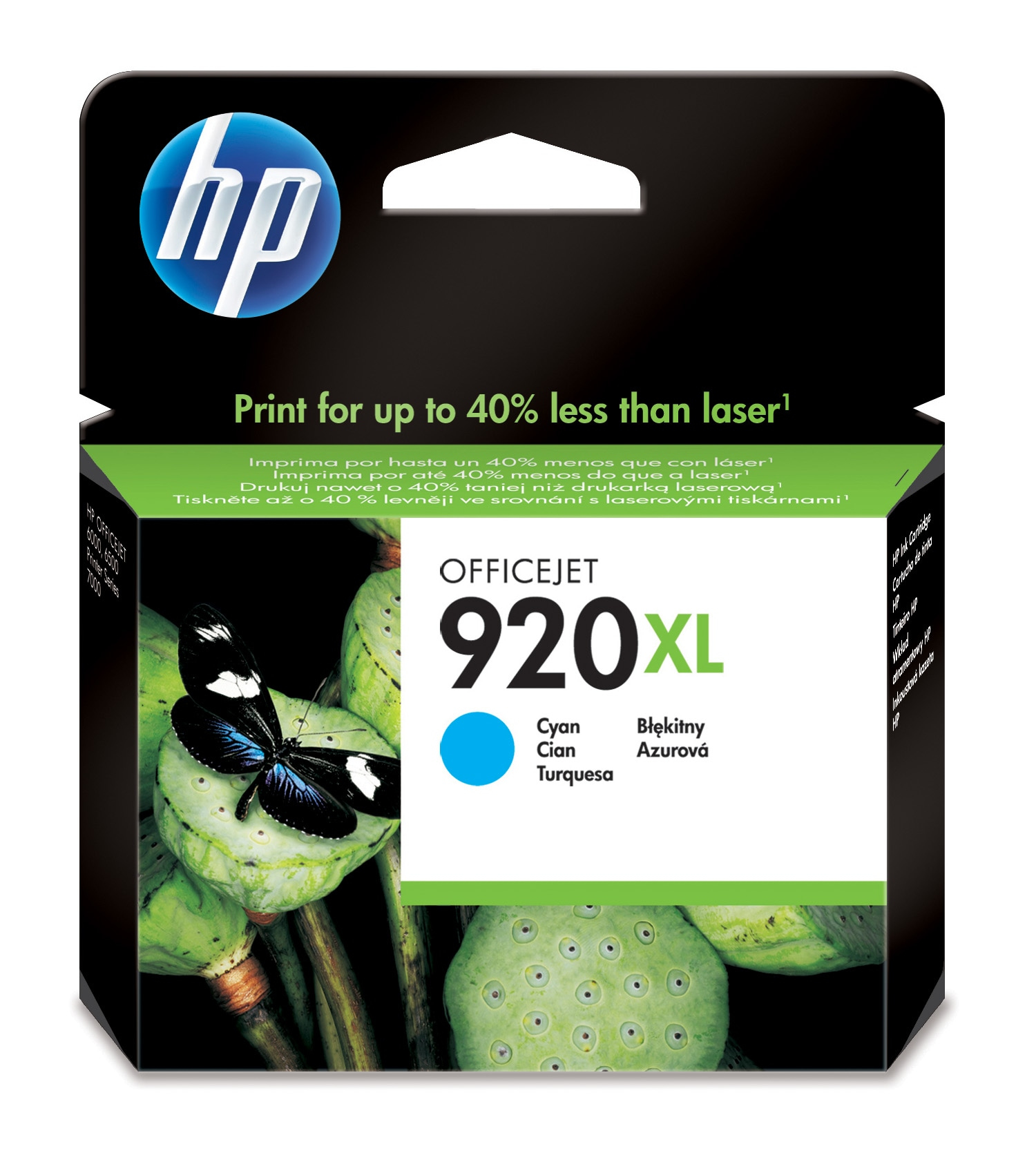HP Officejet 920XL Cyan Tintenpatronenbox, mit blauen Lotusblumen auf dunklem Hintergrund. HP-Logo.