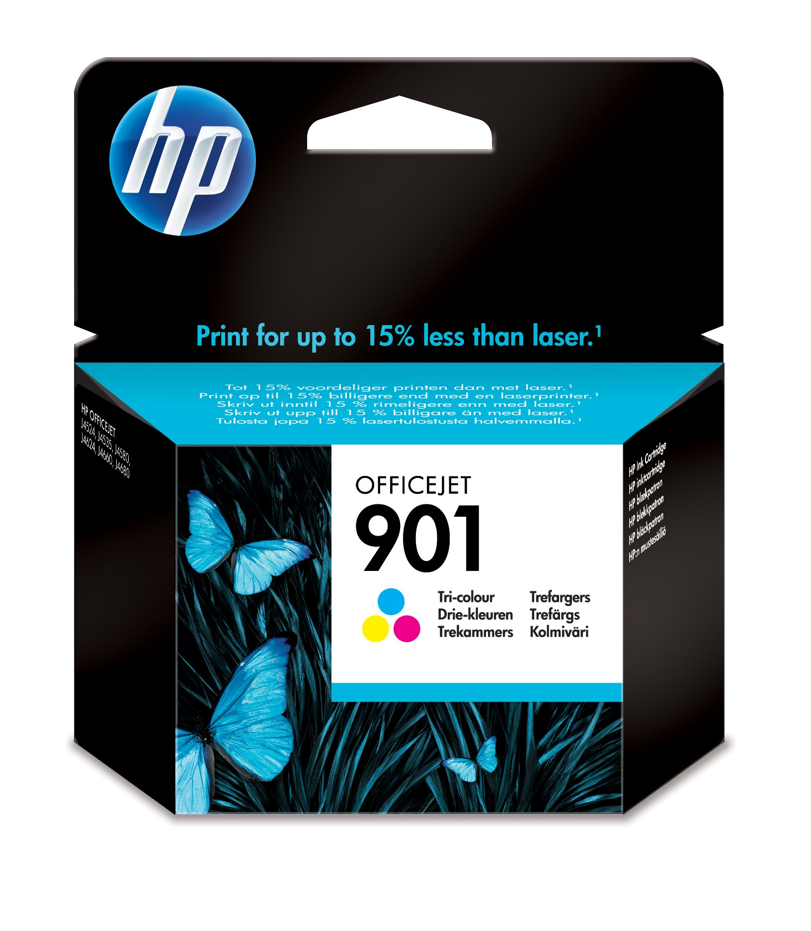 HP Officejet 901 Dreifarb-Tintenpatronenbox, mit blauen Schmetterlingen auf dunklem Hintergrund. HP-Logo sichtbar.