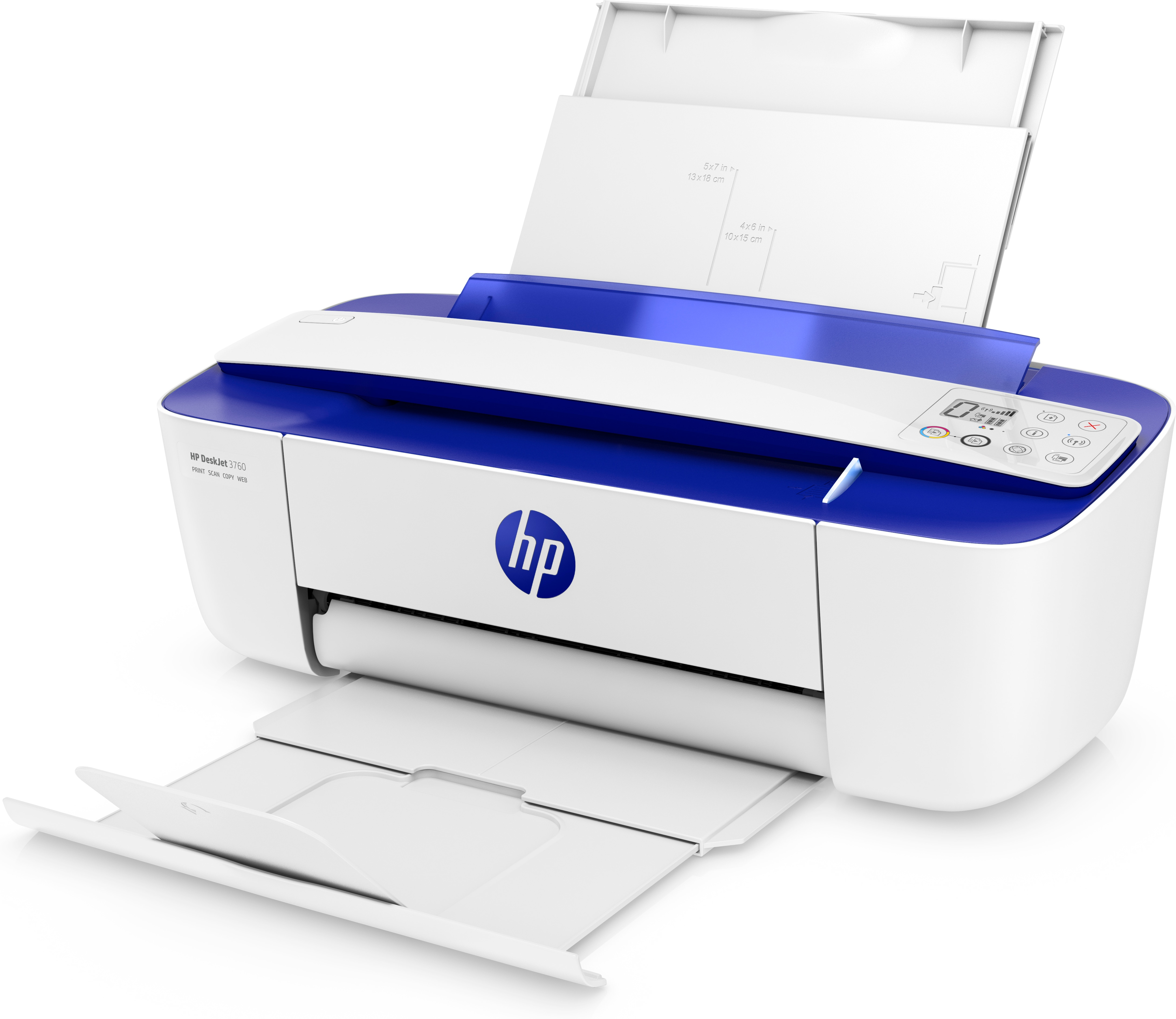 Impresora de inyección de tinta HP blanca y azul con bandejas de papel.