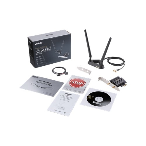 Una caja ASUS con equipo de red inalámbrica y accesorios sobre fondo blanco.