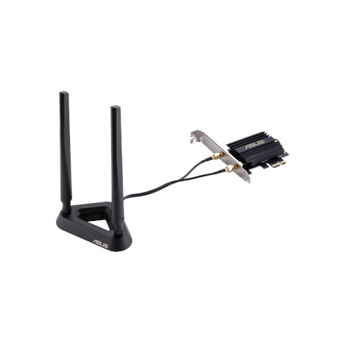 Un componente de computadora con conectores de antena. Tiene dos antenas y el logotipo es visible.