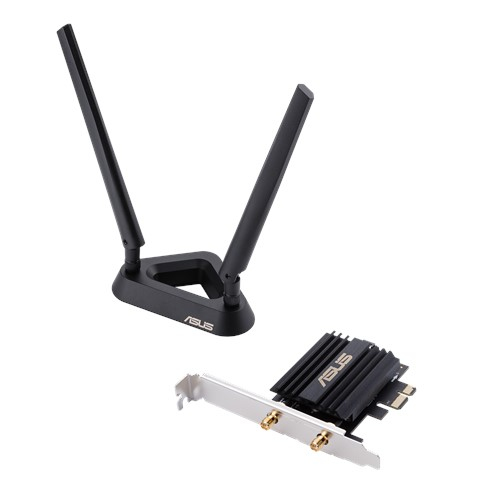 Adaptador Wi-Fi ASUS con dos antenas y una tarjeta para el ordenador.