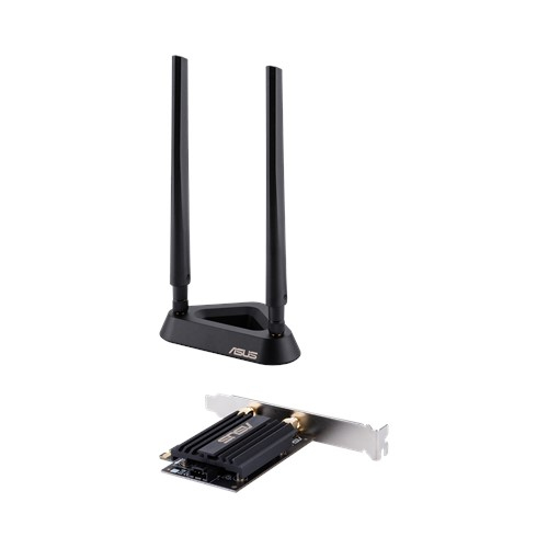 Un adaptador Wi-Fi ASUS. Se incluyen dos antenas negras.