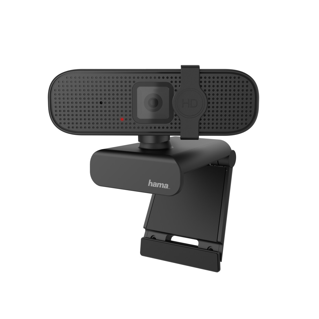 Schwarze Hama Webcam mit HD-Logo und roter LED, auf weißem Hintergrund.