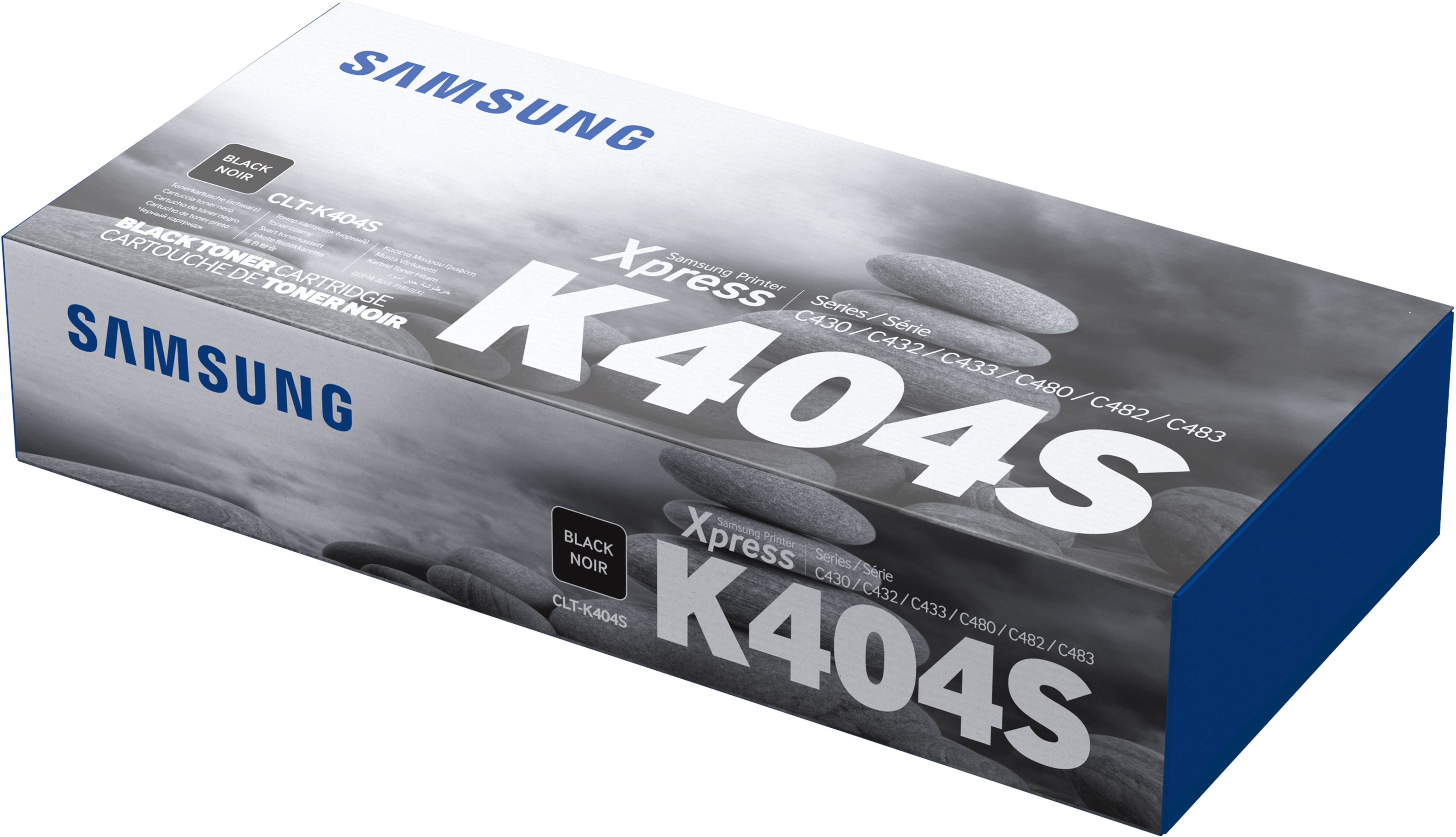 Een Samsung zwarte tonercartridge doos. Het is wit met zwarte tekst, gelabeld K404S.