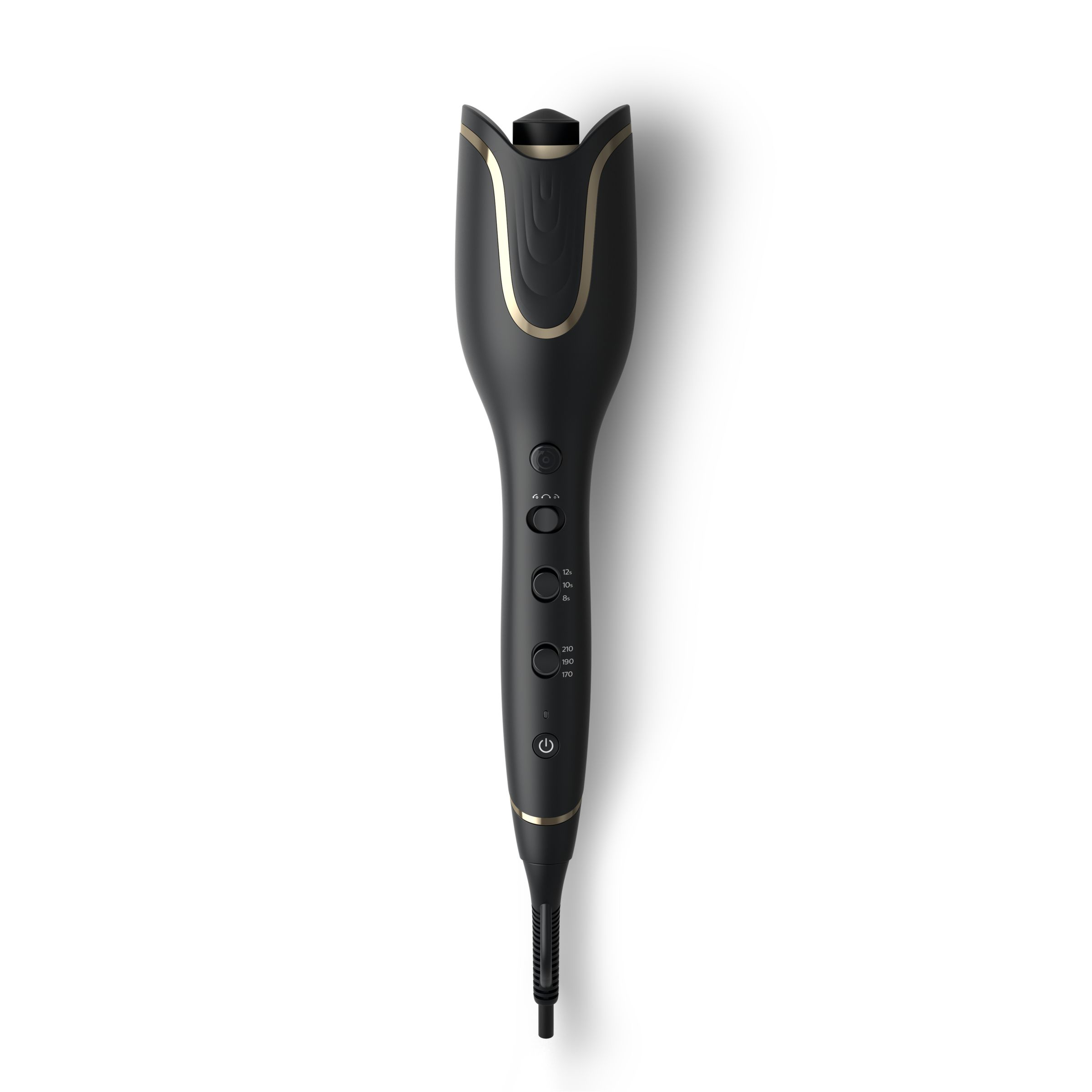 A black and gold hair curling iron with buttons and a power cord, against a white backdrop.