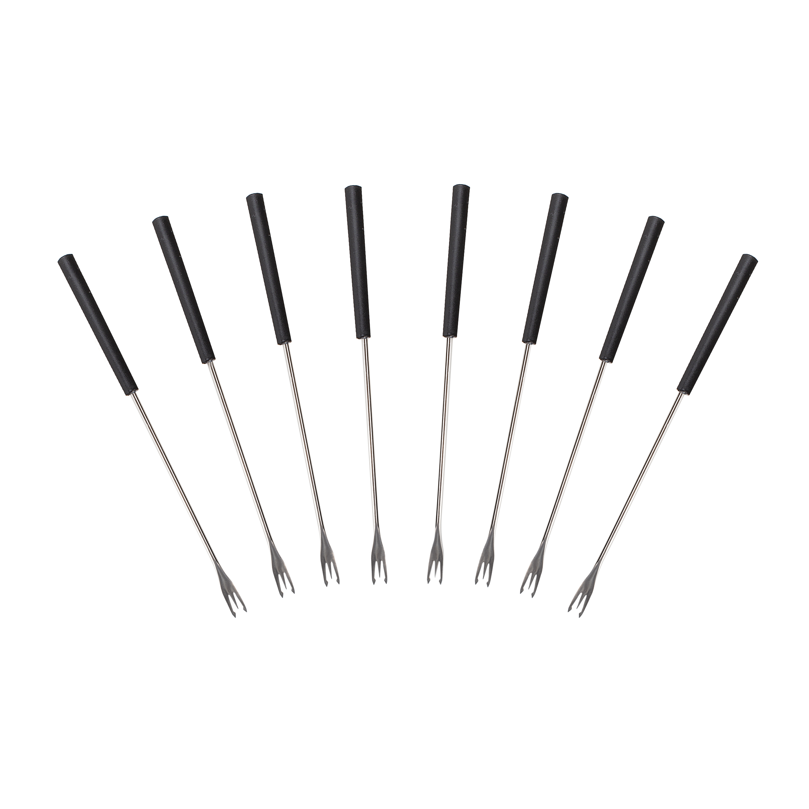 Set of eight fondue forks. Black handles, silver forks. White background.