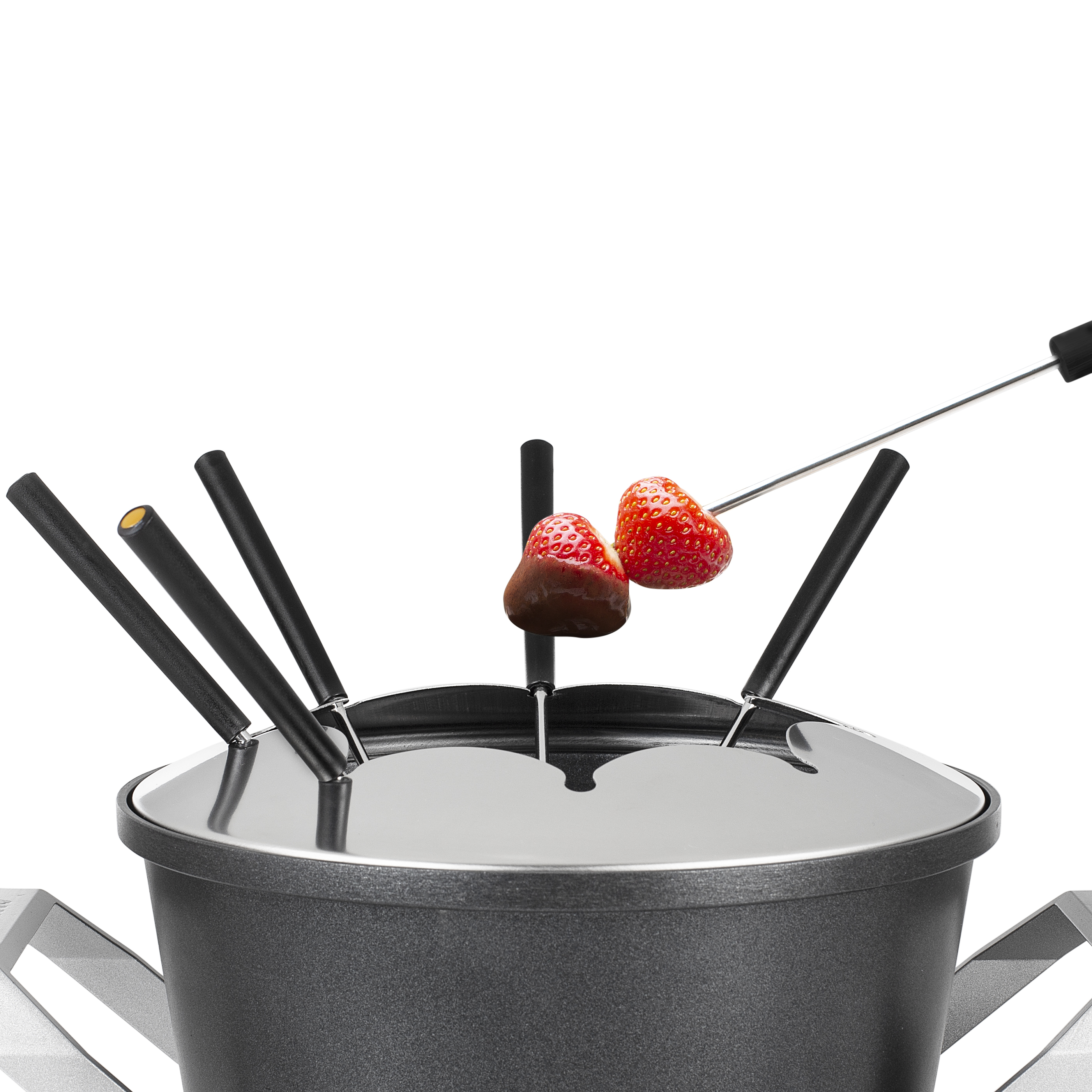 A fondue pot with forks, strawberries, and chocolate on a white background.