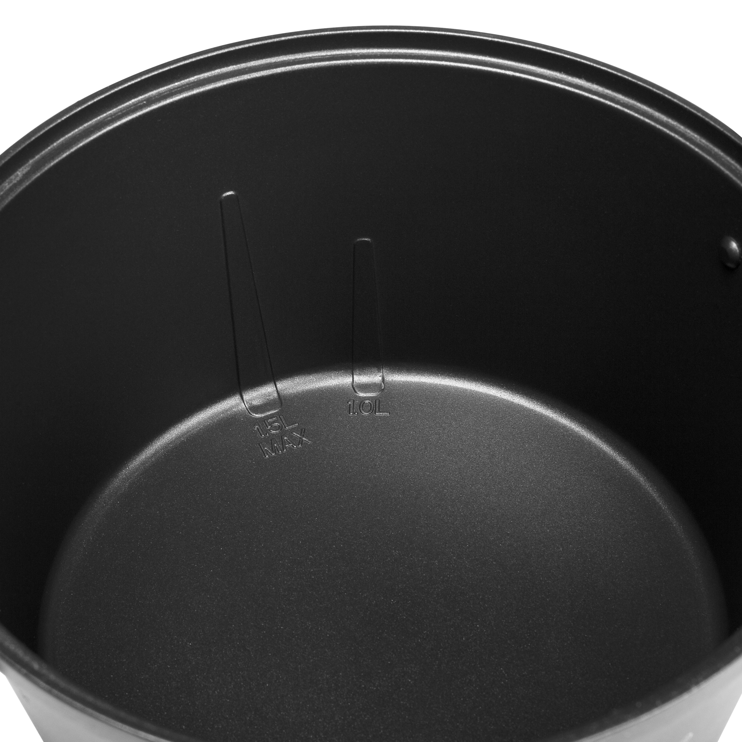 A black pot's interior with max and 1.0L fill lines marked on the side.