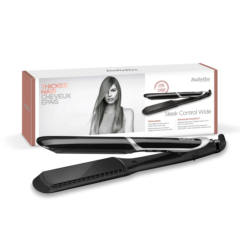Bir kutu ile siyah beyaz saç düzleştirici. Kutuda 'Thicker Hair' yazısı ve bir kadının resmi var.