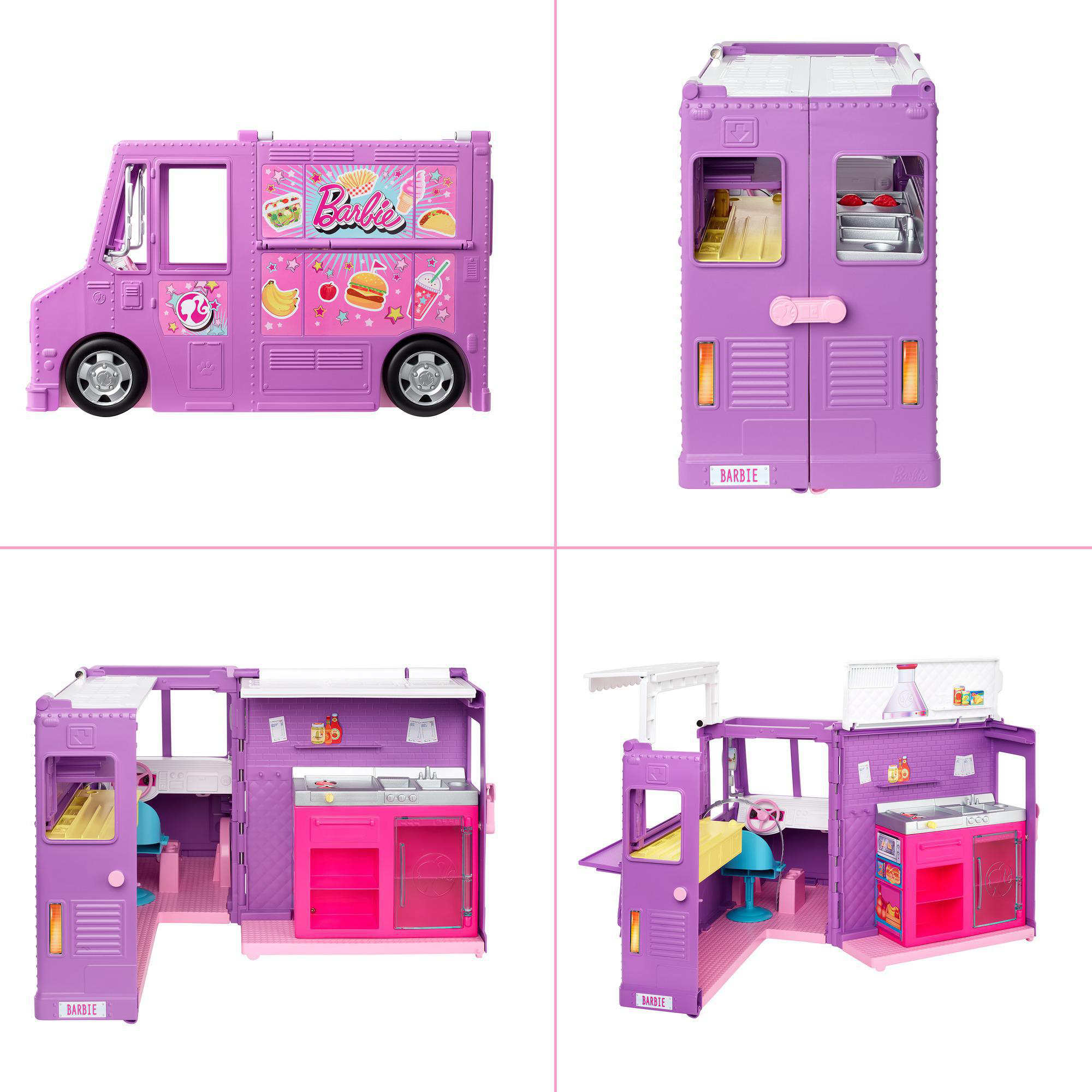 Barbie-Foodtruck-Spielzeug, das das Äußere und Innere zeigt, mit verschiedenen Zubehörteilen für Lebensmittel.