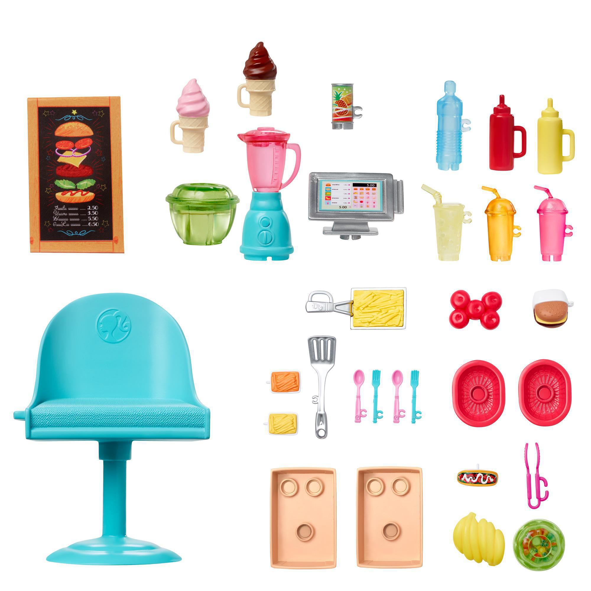 BARBIE Food-Truck Spielset aufklappbar, über 30 Teile Puppen-Zubehör Spielset Mehrfarbig