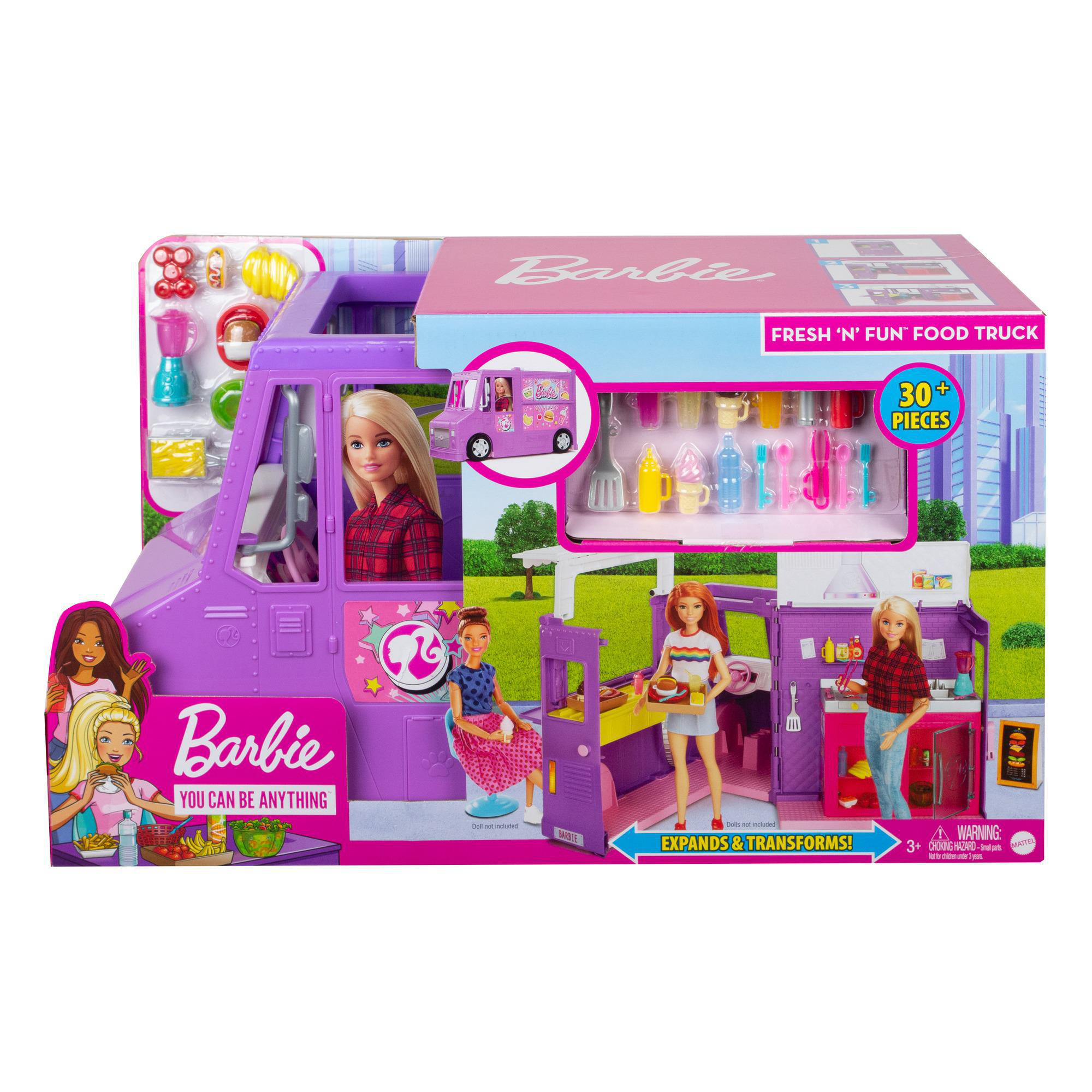 Barbie Fresh 'n Fun Food Truck Spielset mit Puppen und Zubehör, lila.