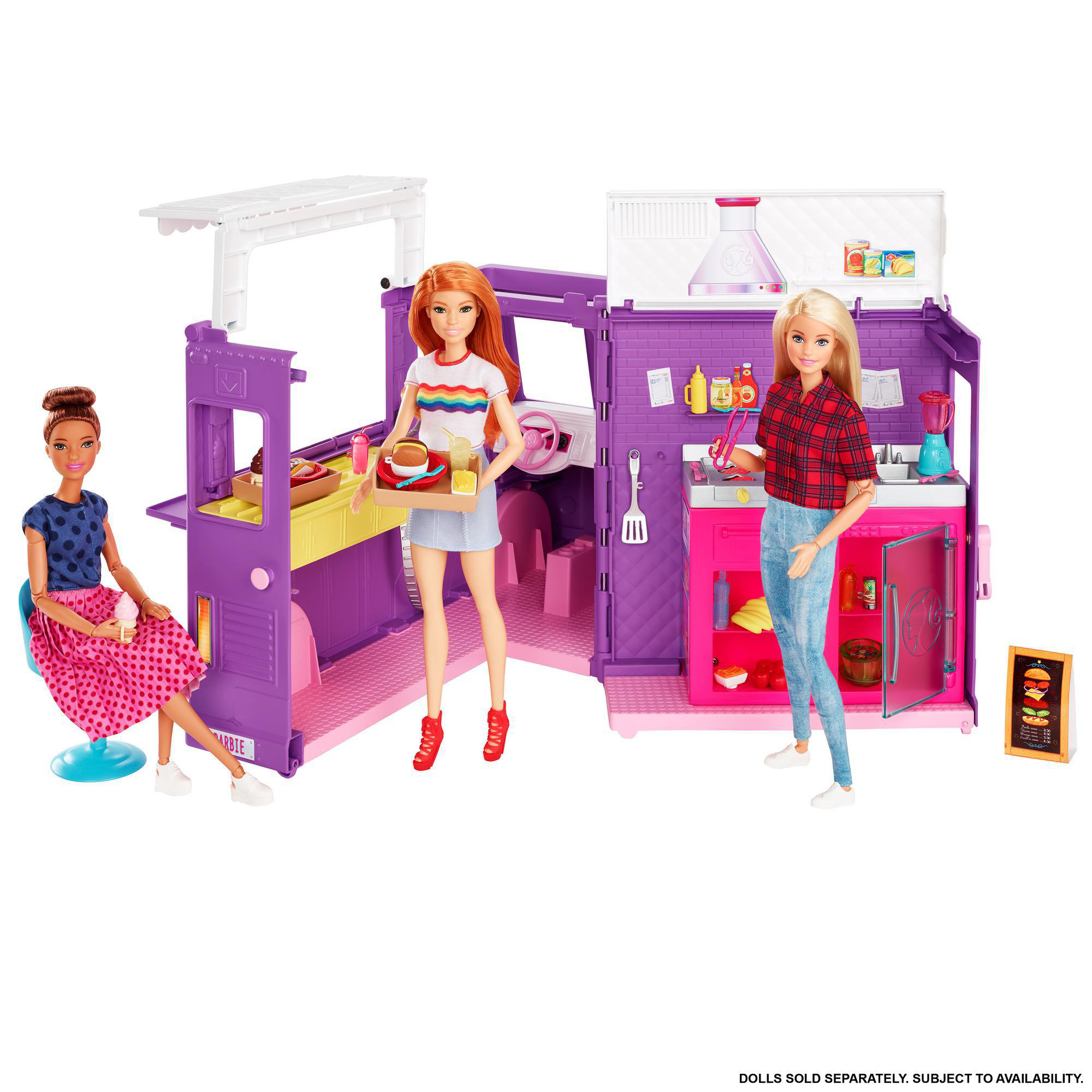 BARBIE Food-Truck Spielset aufklappbar, über 30 Teile Puppen-Zubehör Spielset Mehrfarbig