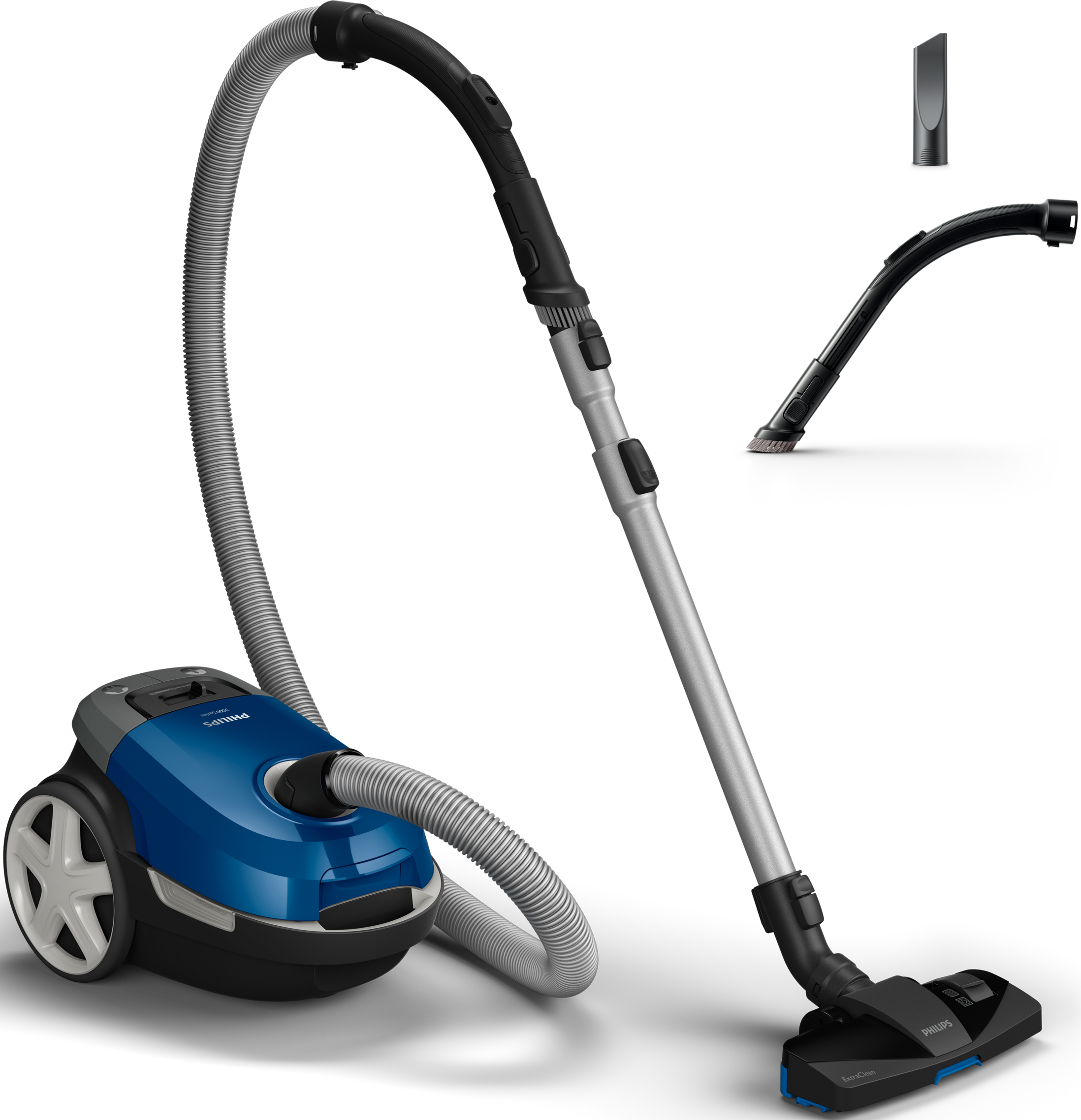 Aspirateur Philips bleu et gris avec accessoires. Il est sur un fond noir.