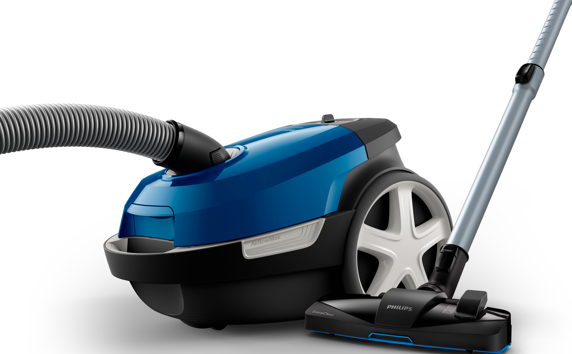 Aspirateur Philips bleu. Accents noirs et blancs. Tuyau et brosse visibles.