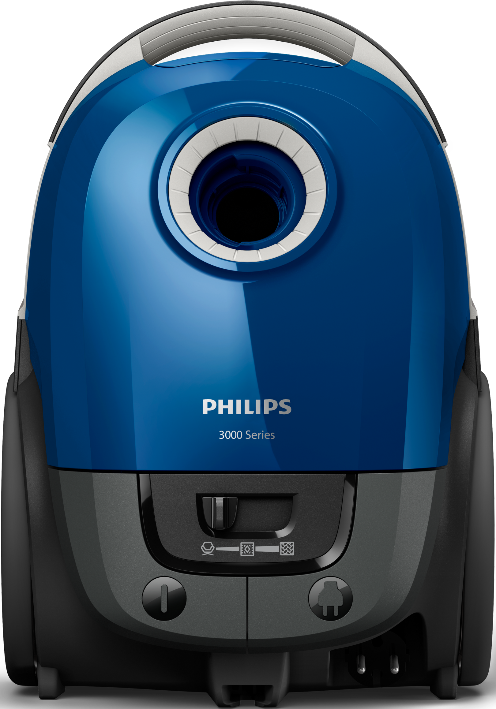 Un aspirateur Philips bleu avec une ouverture circulaire en haut.