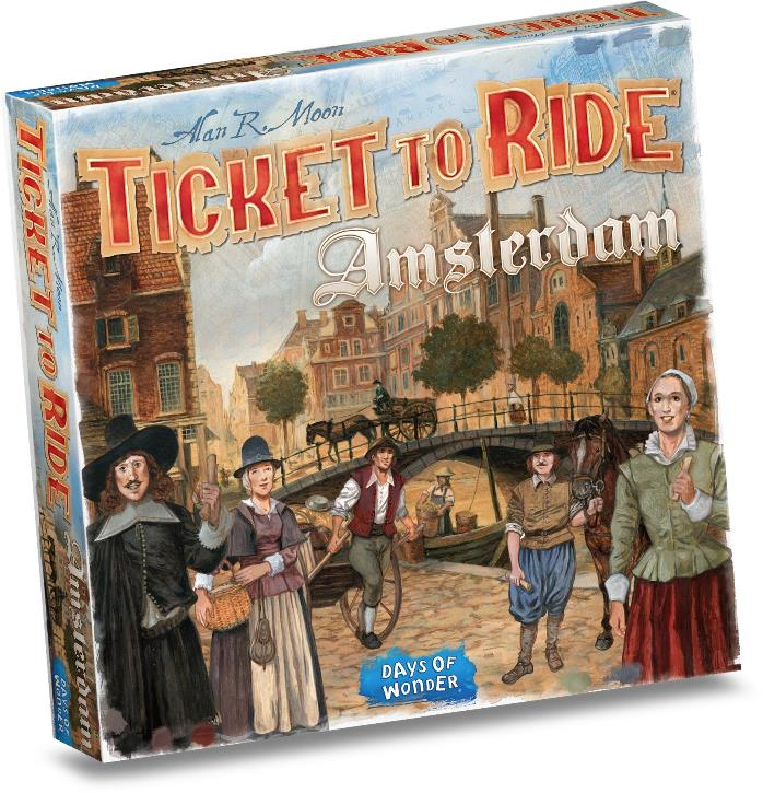 De doos van het Ticket to Ride Amsterdam-spel. Mensen in historische kleding staan voor gebouwen en een gracht.