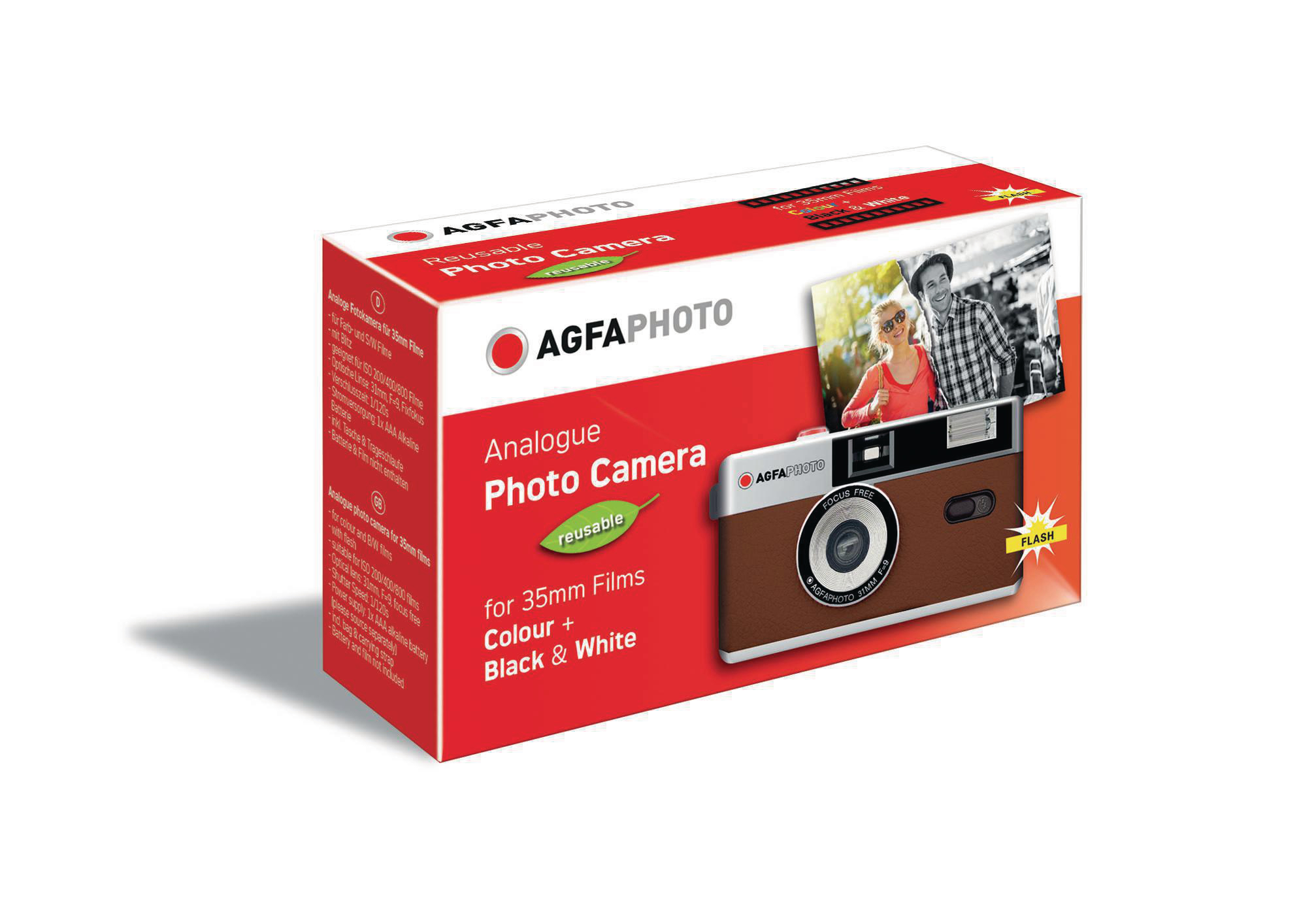 AgfaPhoto Kamera-Box mit Bild einer Kamera und eines Paares, auf Weiß.