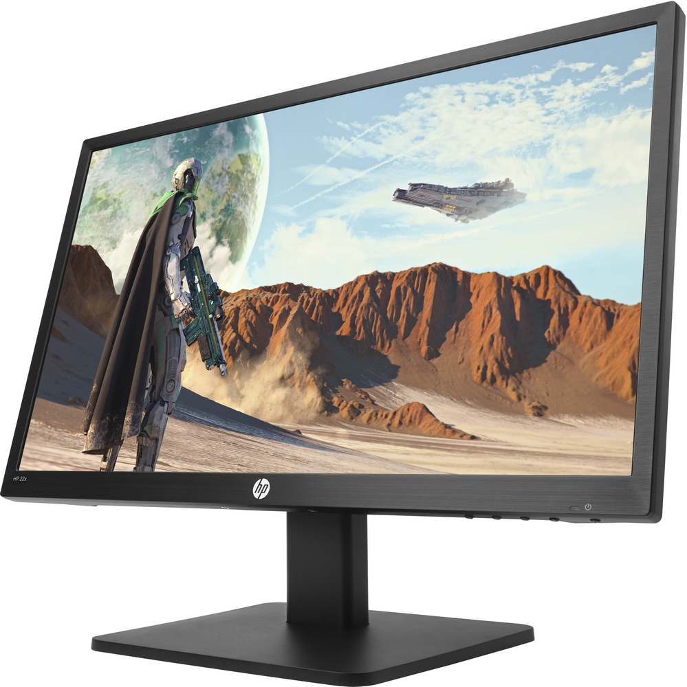 Un monitor HP negro muestra una escena de ciencia ficción con una figura y una nave espacial.