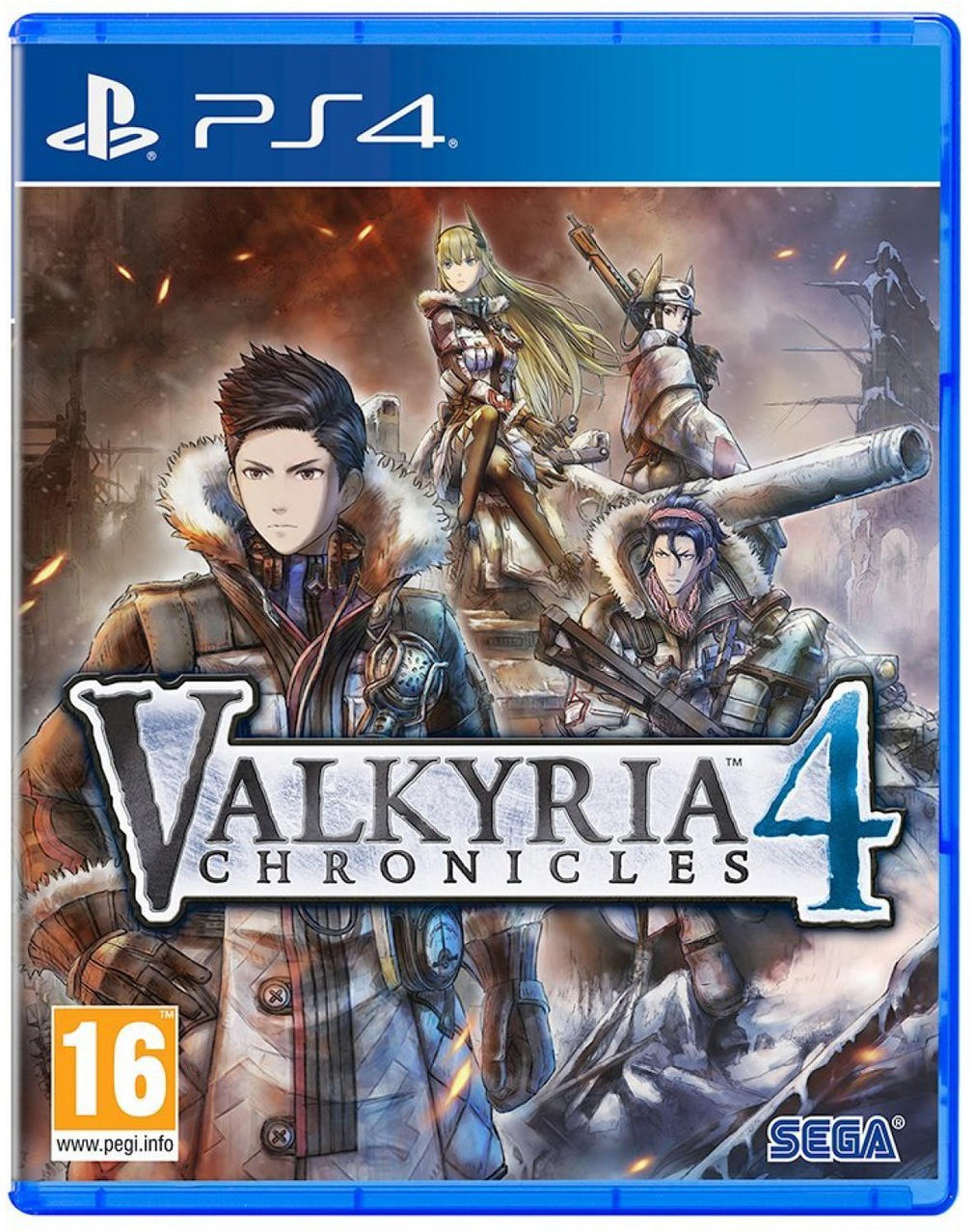 PS4 játék borító: Karakterek fegyverekkel, havas háttér, 'Valkyria 4' szöveg.