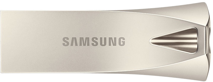 Une clé USB Samsung argentée sur fond blanc.
