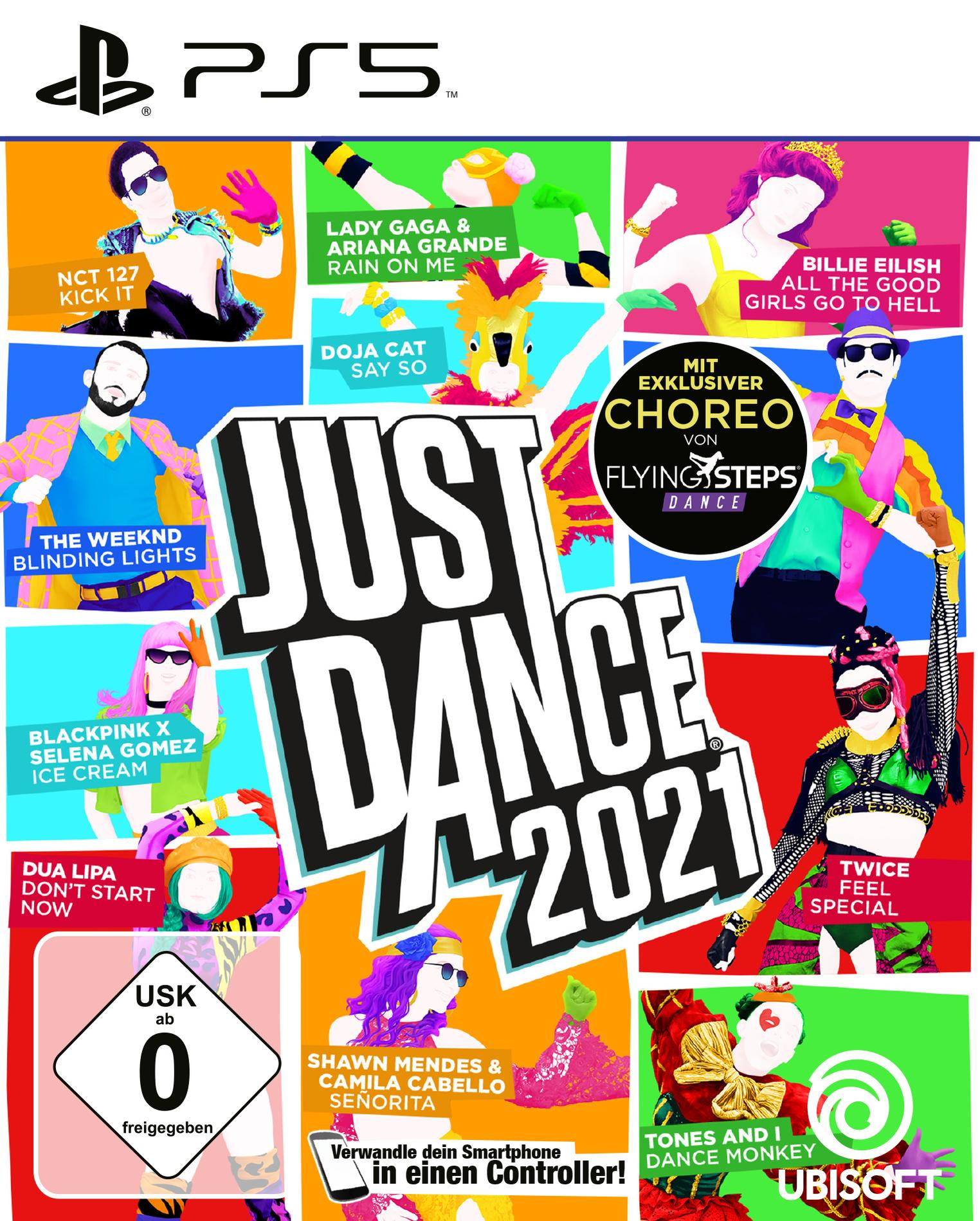 Spielcover Just Dance 2021. Zeigt verschiedene Künstler, darunter The Weeknd und Dua Lipa, farbenfrohes Design.