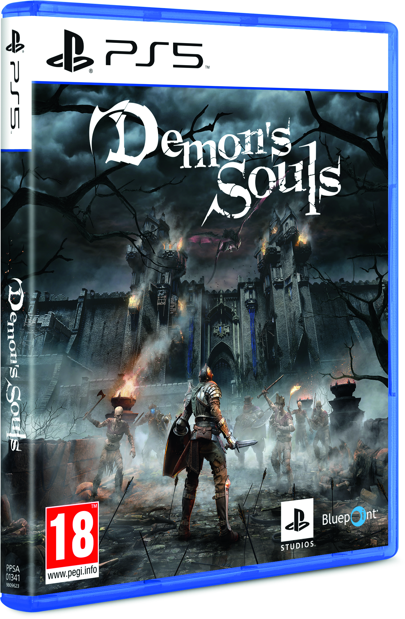 Eine PS5-Spielhülle von 'Demon's Souls'. Das Cover zeigt einen Ritter in Rüstung und eine dunkle Burg.