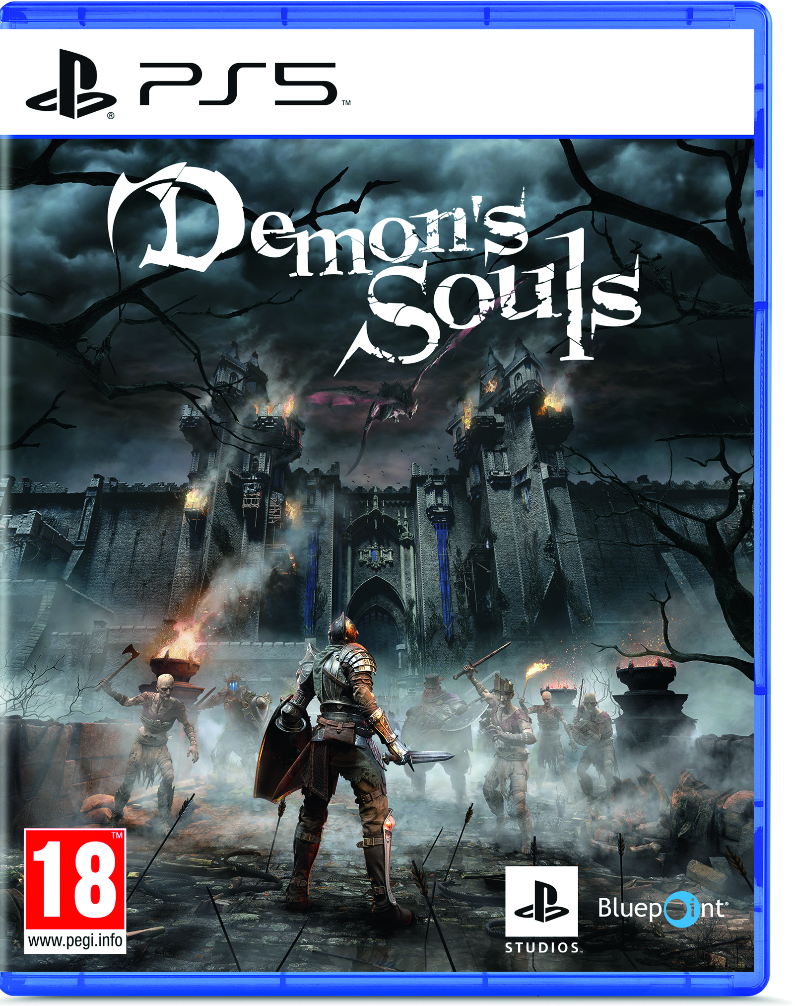 PS5-Spielbox für 'Demon's Souls'. Zeigt einen Krieger in dunkler, feuriger Umgebung.