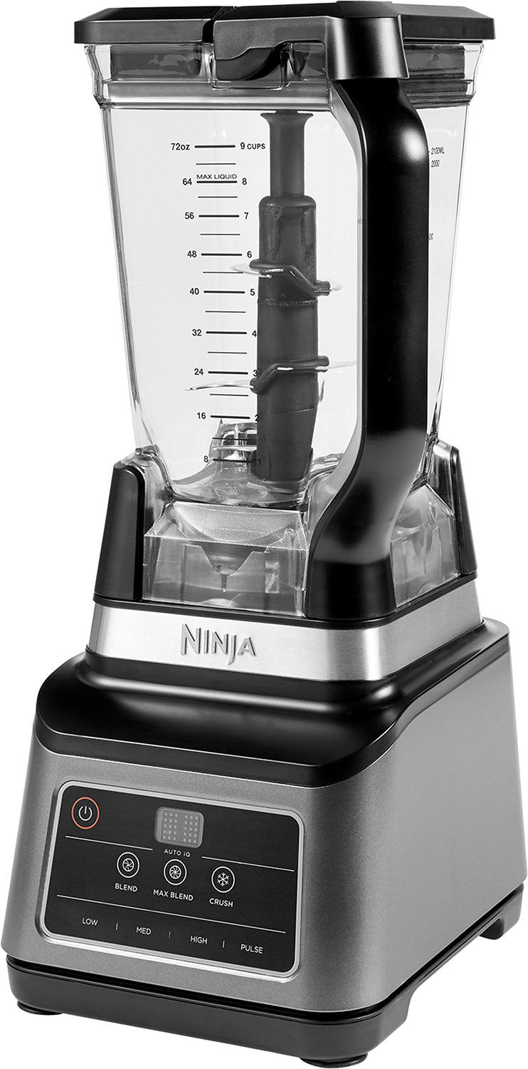Ninja blender, zilver en zwart, met een doorzichtige kan en bedieningspaneel.