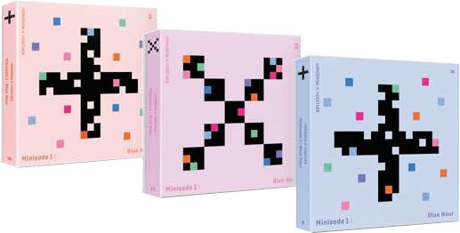 Drie albumhoezen. Roze, roze en blauw. Zwart gepixeld kruis- en vierkantontwerp.