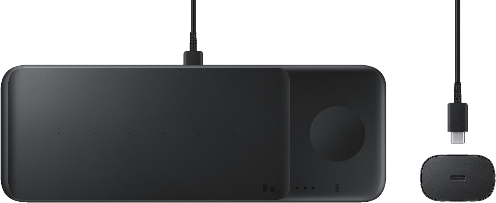 Ein schwarzes Ladepad mit drei Ladebereichen, einem USB-C-Kabel und einem Ladeadapter.