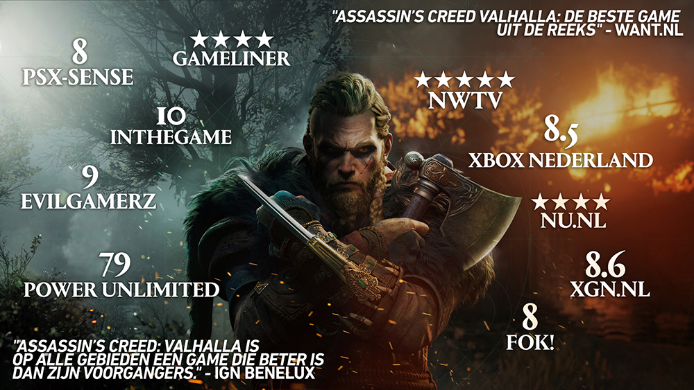 Een advertentie voor Assassin's Creed Valhalla met een Viking-personage en game reviews.