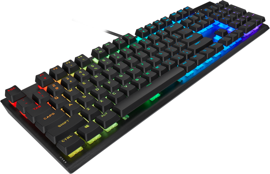 Eine schwarze Gaming-Tastatur mit RGB-Beleuchtung.