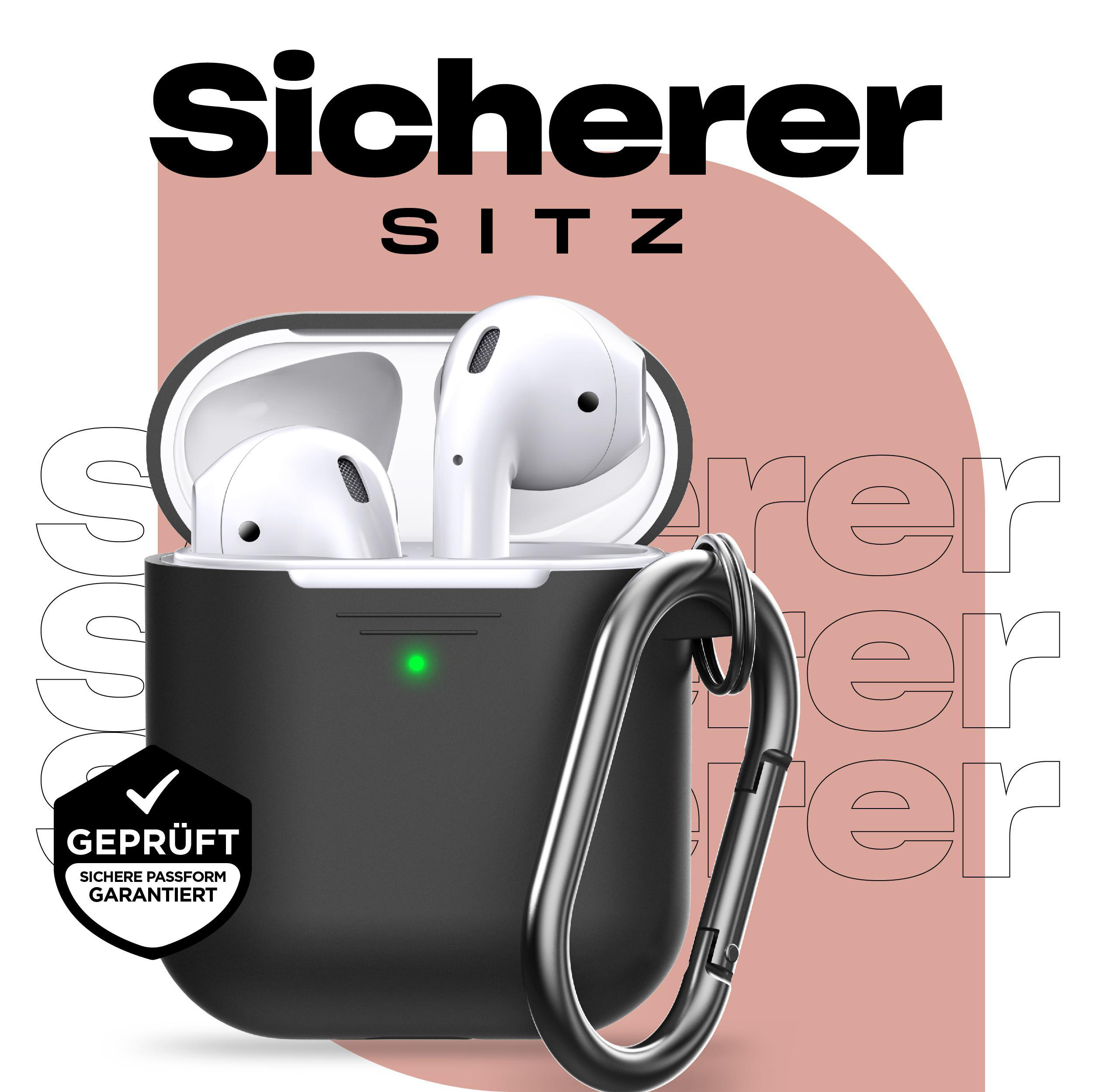 Schwarzes AirPods-Etui in einer schwarzen Hülle mit silbernem Karabiner. Text: Sicherer Sitz.
