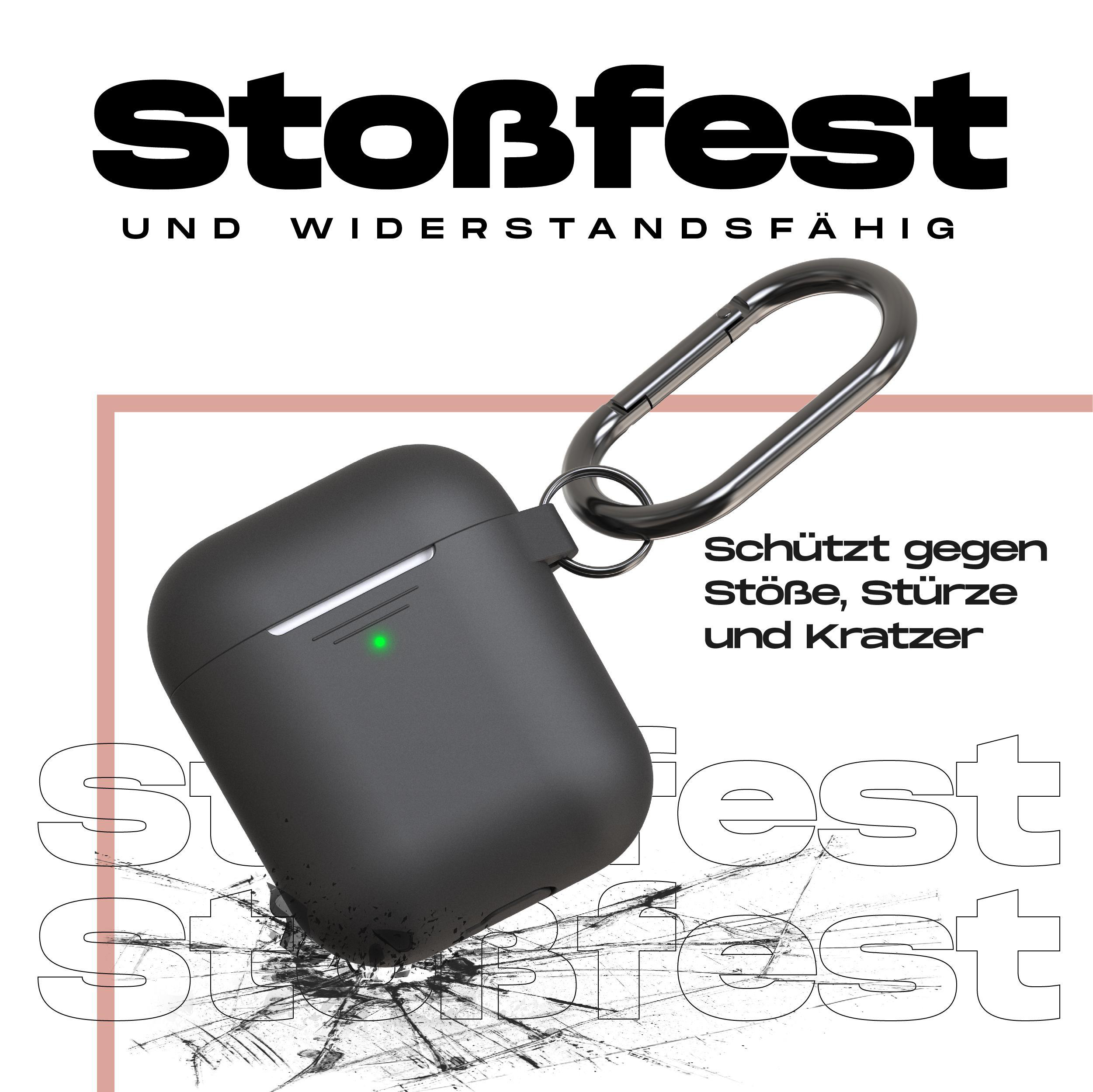 Schwarzes AirPod-Etui mit Silberclip, Text: schützt vor Stößen.